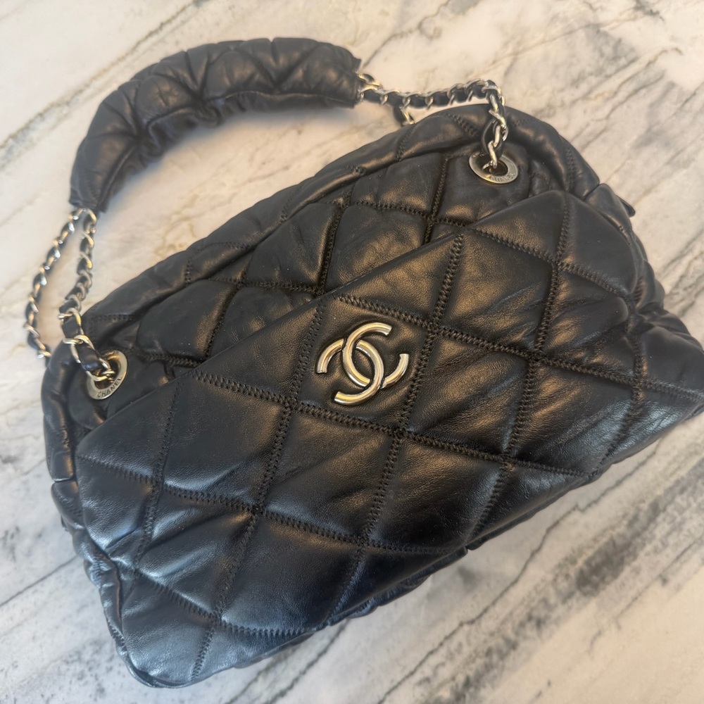 Black Quilted Shoulder Bag with Silver Accents
